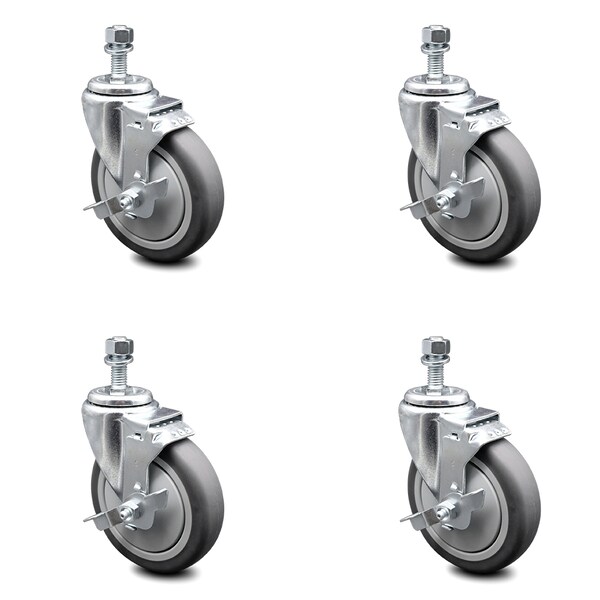 5 Inch Thermoplastic Rubber Swivel 10mm Threaded Stem Caster Set with Brake